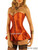 Orange satin corseted skirt overbust corset with stockings, front view