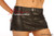 Black leather hipster mini skirt, close-up of buckle belt