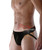 Men's black leather jockstrap brief with snap pouch, front view on model