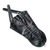 Black leather armbinder with lace-up front and shoulder straps, flat lay