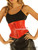 Red leather underbust corset with black skirt, front view