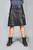 Men's black leather cargo kilt with side buckles, front view with boots