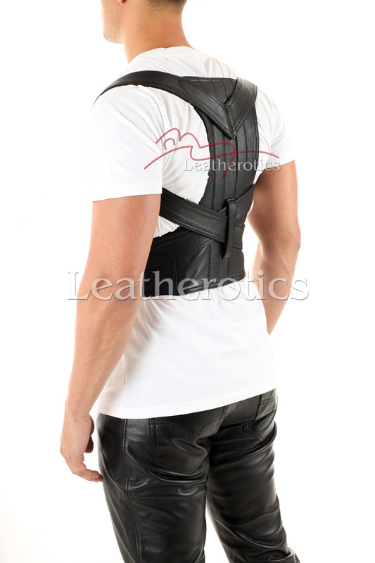 → Men’s leather posture corrector front view — adjustable shoulder straps
