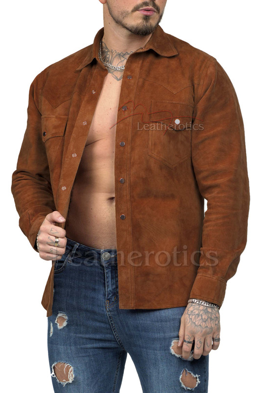 Brown suede western leather shirt jacket worn open – front view on model