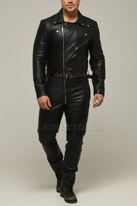 Leather onesie front view, Mens Leather catsuit. Leather onesie front view, Mens Leather catsuit.