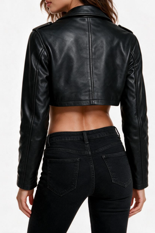 Back view of women's black cropped leather biker jacket worn with black skinny jeans