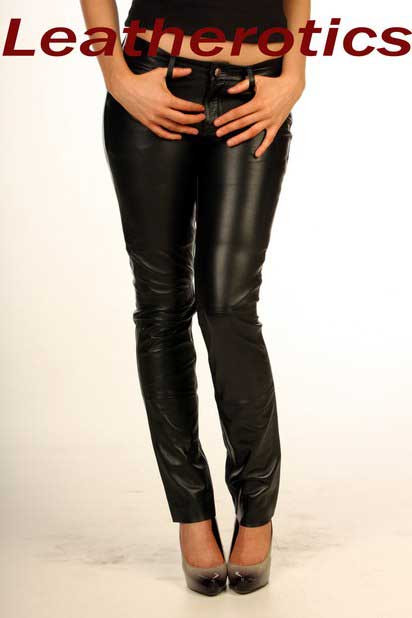 Black skinny fit ladies leather jeans, front view