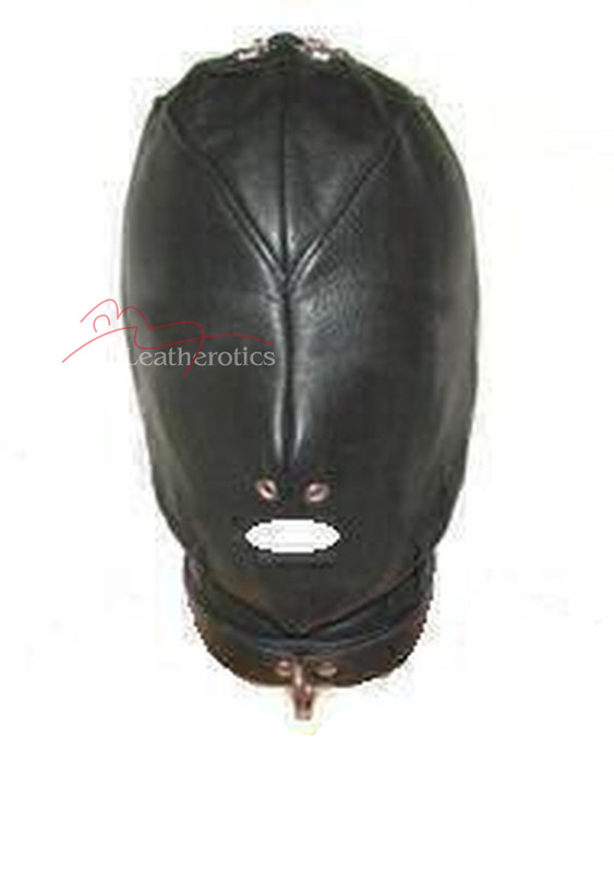 Leather open mouth mask, Sensory deprivation bondage hood