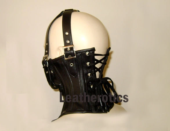 Black leather neck corset head harness, side view on mannequin