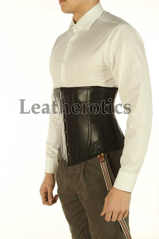 Mens tight lacing corset with steel boning for waist reduction and posture support.