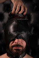 Leather Handle Hood, Side profile of open-mouth leather hood showing strap placement and stitching