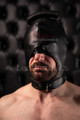 Unisex BSDM Hood, Front view of open-mouth leather bondage hood with adjustable chin and crown straps.