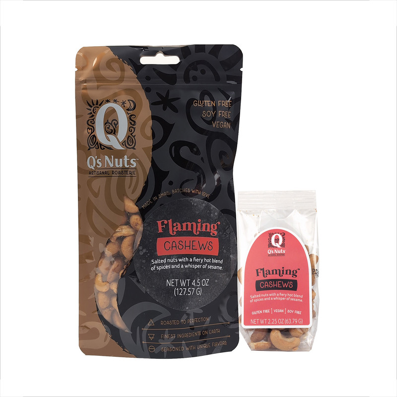 Flaming salted spicy cashews small and large bags together