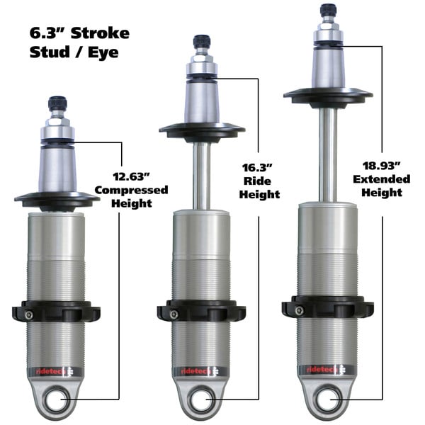 HQ Coil-Over shock with 6.3" stroke and 2" stud mount, universal.