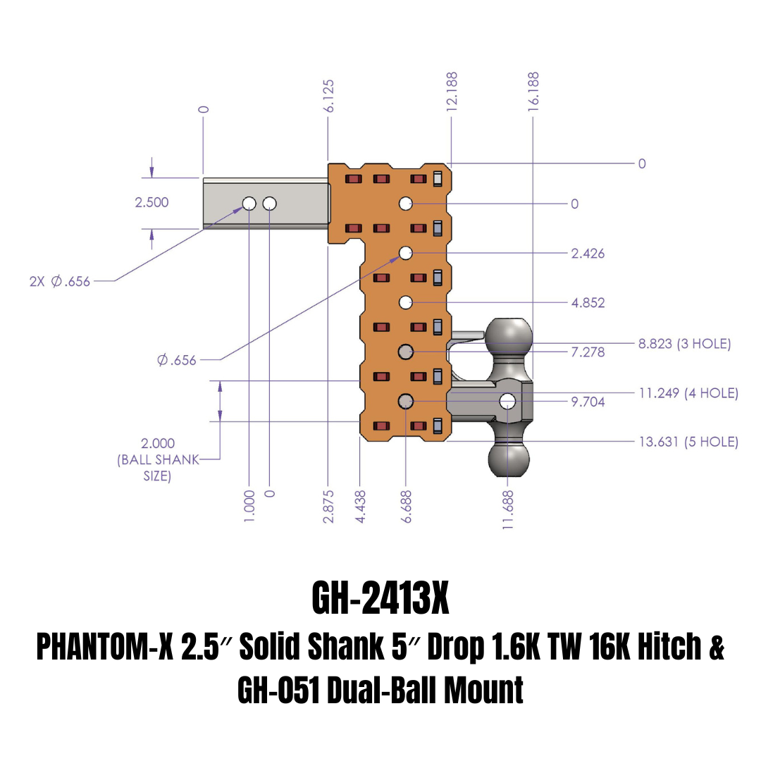 PHANTOM-X 2.5" Solid Shank 5" Drop 1.6K TW 16K Hitch & GH-051 Dual-Ball Mount