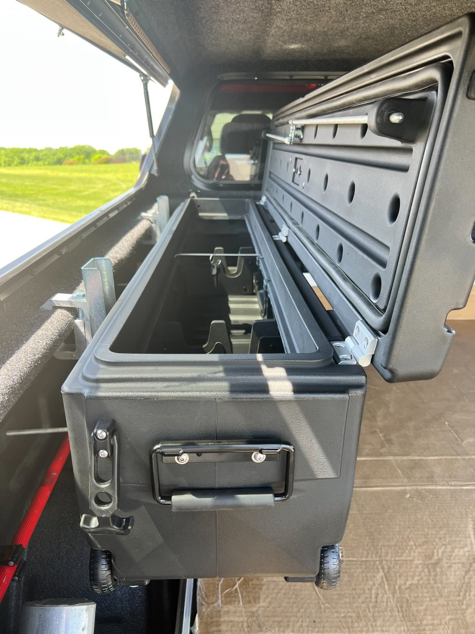 Humpstor 70801 - Exterior Portable Truck Storage w/Mounting Bracket for Toppers — installed view