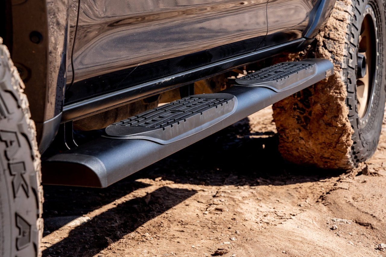 Raptor Series Oval Running Boards Black Textured Aluminum - Part# 2004-0144BT — side view