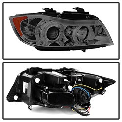 Projector Headlights - LED Halo - Amber Reflector - Eyebrow Bulb - Smoke — angled view