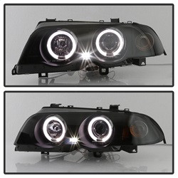 1PC Projector Headlights - LED Halo w/ Amber Reflector - Smoke — angled view