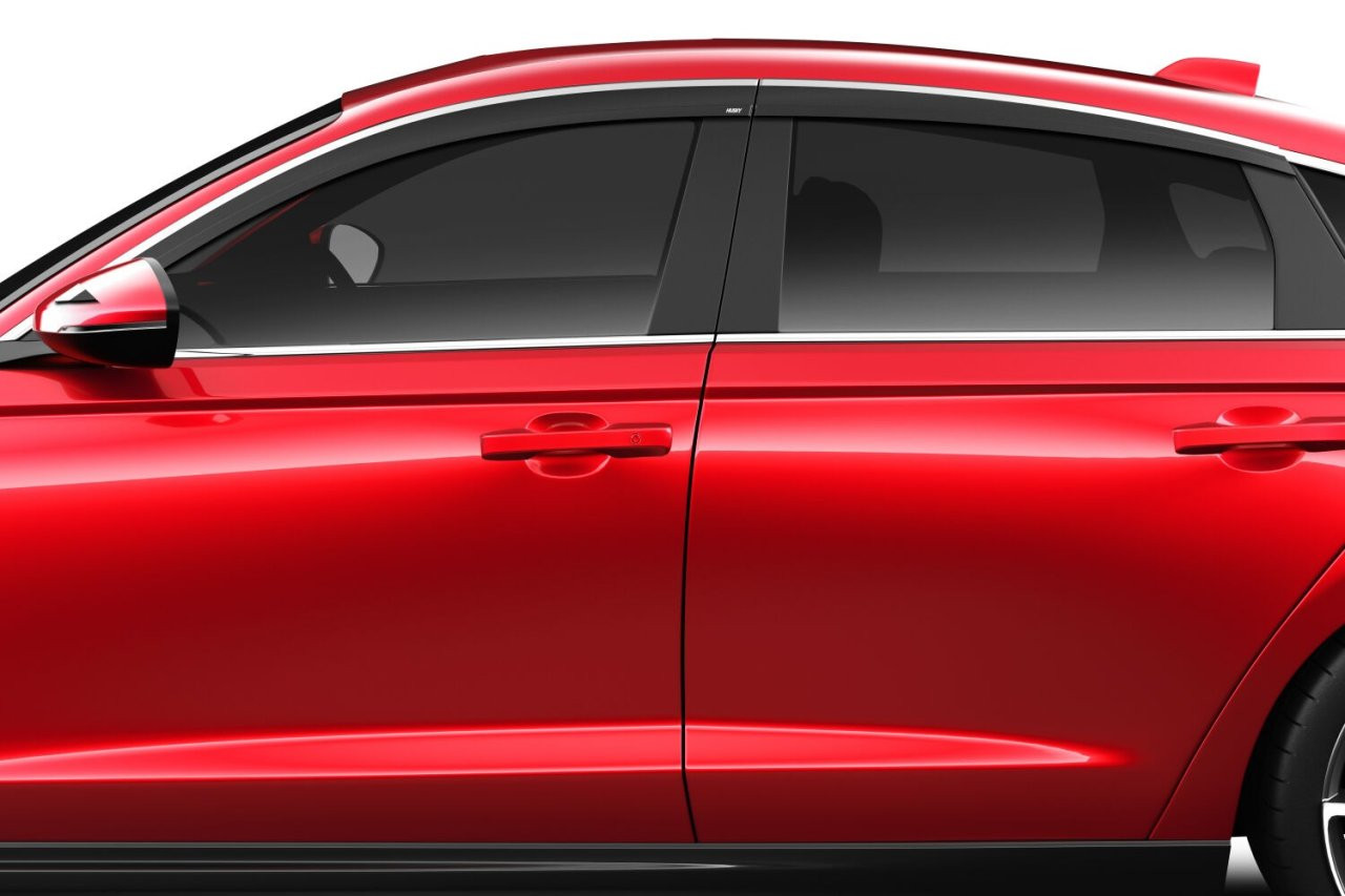 Low Profile Ventvisor Deflector; Smoke with Chrome Trim; Outside Mount; 4 pc. (2884067) — application image
