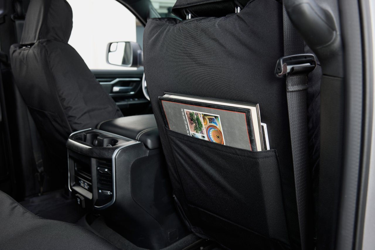 Covercraft Endura RAM Logo SeatSaver Custom Seat Covers - Black (SSR3484FR11WFBK) — front view