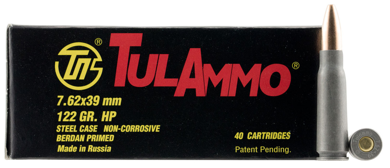 TulAmmo 7.62x39mm Ammuntion 40 Rounds 122 Grain Zinc JHP Steel Cased 2330 fps