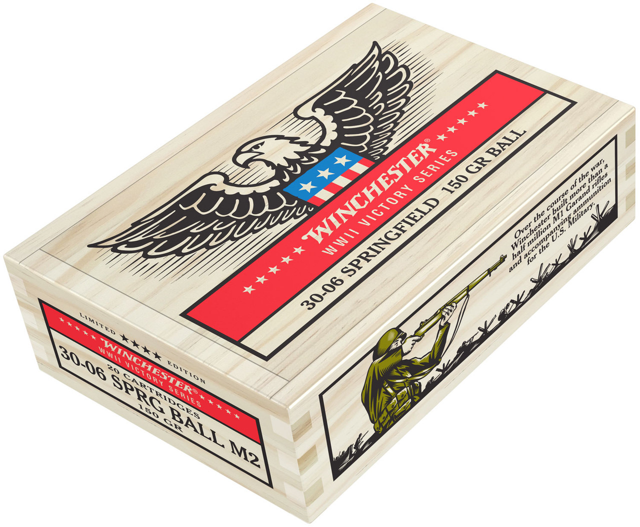 Winchester Victory Series .30-06 Springfield Ammunition 20 Rounds 150 Grain M2 Ball FMJ 2740fps M1 Garand WWII Collector Wooden Box
