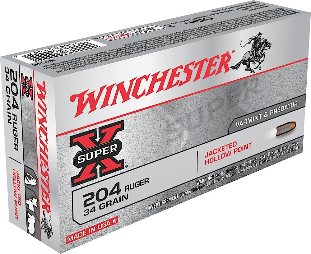 Winchester Super-X Centerfire Rifle Ammunition X204R, 204 Ruger, Jacketed Hollow Point, 34 GR, 4025 fps, 20 Rd/bx