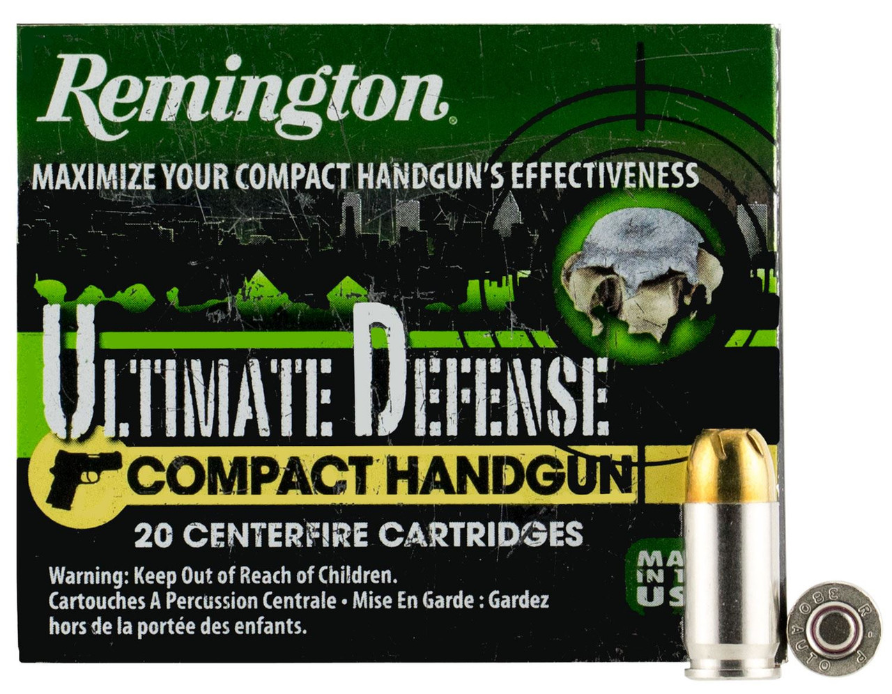 Remington 28964 Ultimate Defense Compact 380ACP 102gr Brass Jacketed Hollow Point 20 Per Box/25 Case Centerfire, Handgun Ammunition
