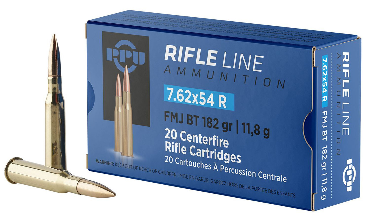 PPU PP76254F Metric 7.62x54mmR 182gr Full Metal Jacket Boat Tail 20 Per Box/10 Case Centerfire, Rifle Ammunition