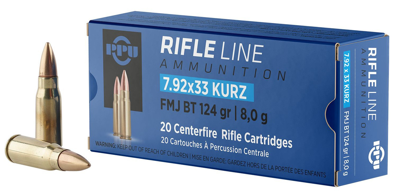 PPU PP7K Metric 7.9x33mmKurz 124gr Full Metal Jacket Boat Tail 20 Per Box/25 Case Centerfire, Rifle Ammunition
