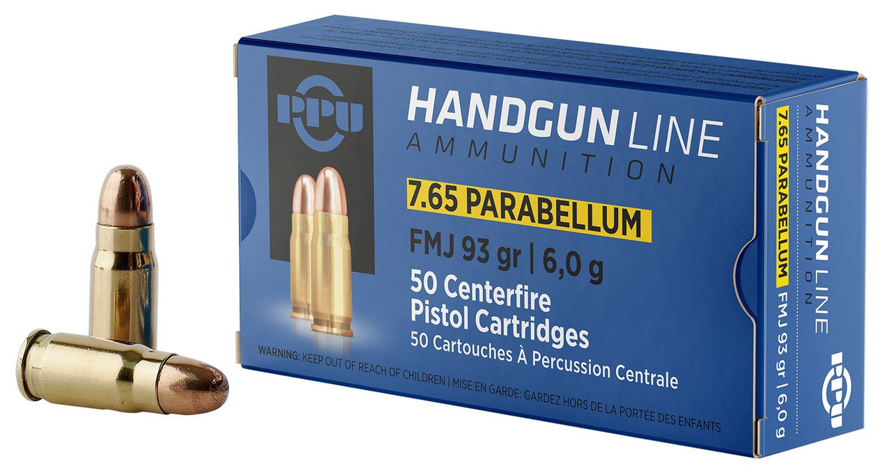 PPU PPH765P 7.65x21mmParabellum 93gr Full Metal Jacket 50 Per Box/20 Case Centerfire, Handgun Ammunition