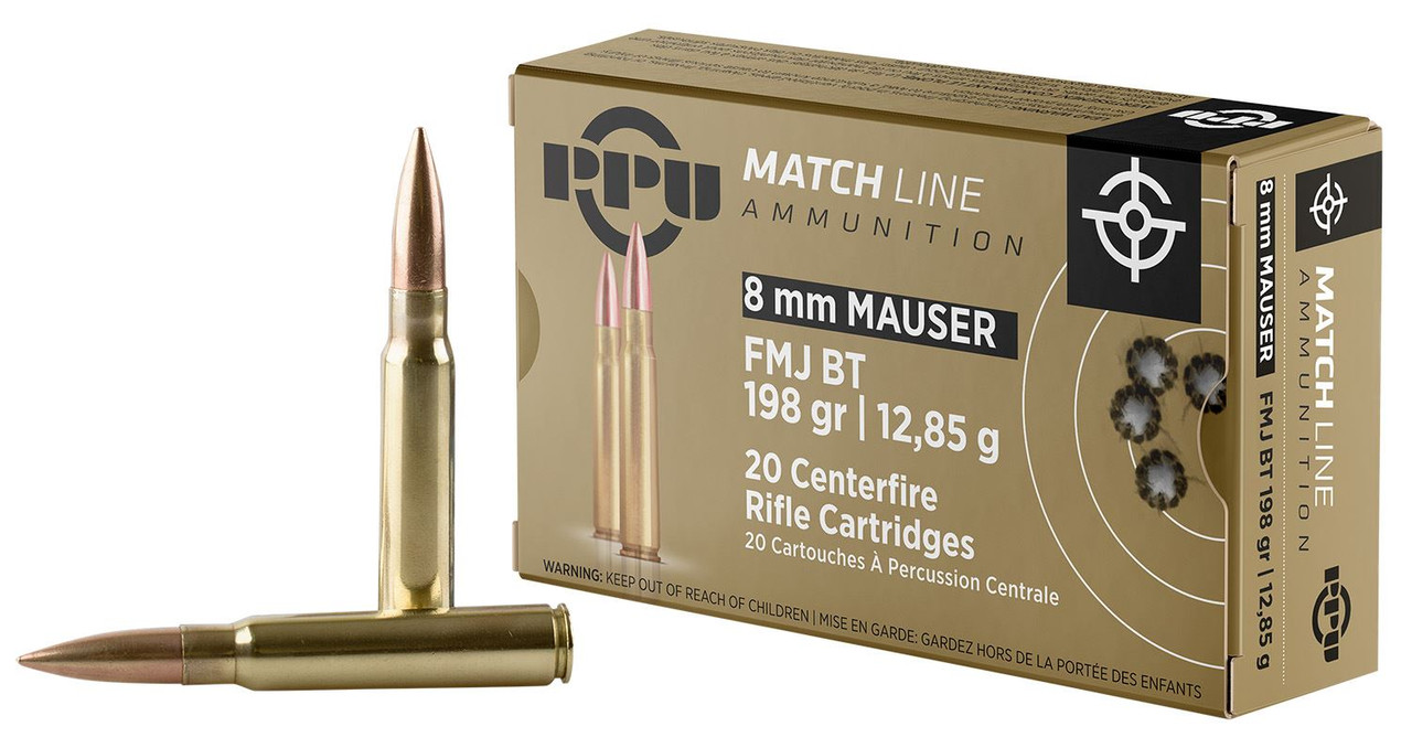 PPU PPM8 Match 8mmMauser 200gr Full Metal Jacket Boat Tail 20 Per Box/10 Case Centerfire, Rifle Ammunition