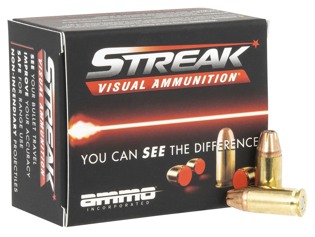 Ammo Inc 9115JHPSTRKRED Streak Visual (RED) 9mm Luger 115gr Jacketed Hollow Point 20 Per Box/10 Case Centerfire, Handgun Ammunition