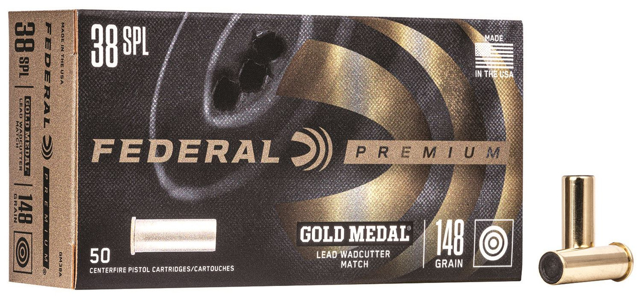 Federal GM38A Premium Gold Medal 38Special 148gr Lead Wadcutter 50 Per Box/20 Case Centerfire, Handgun Ammunition