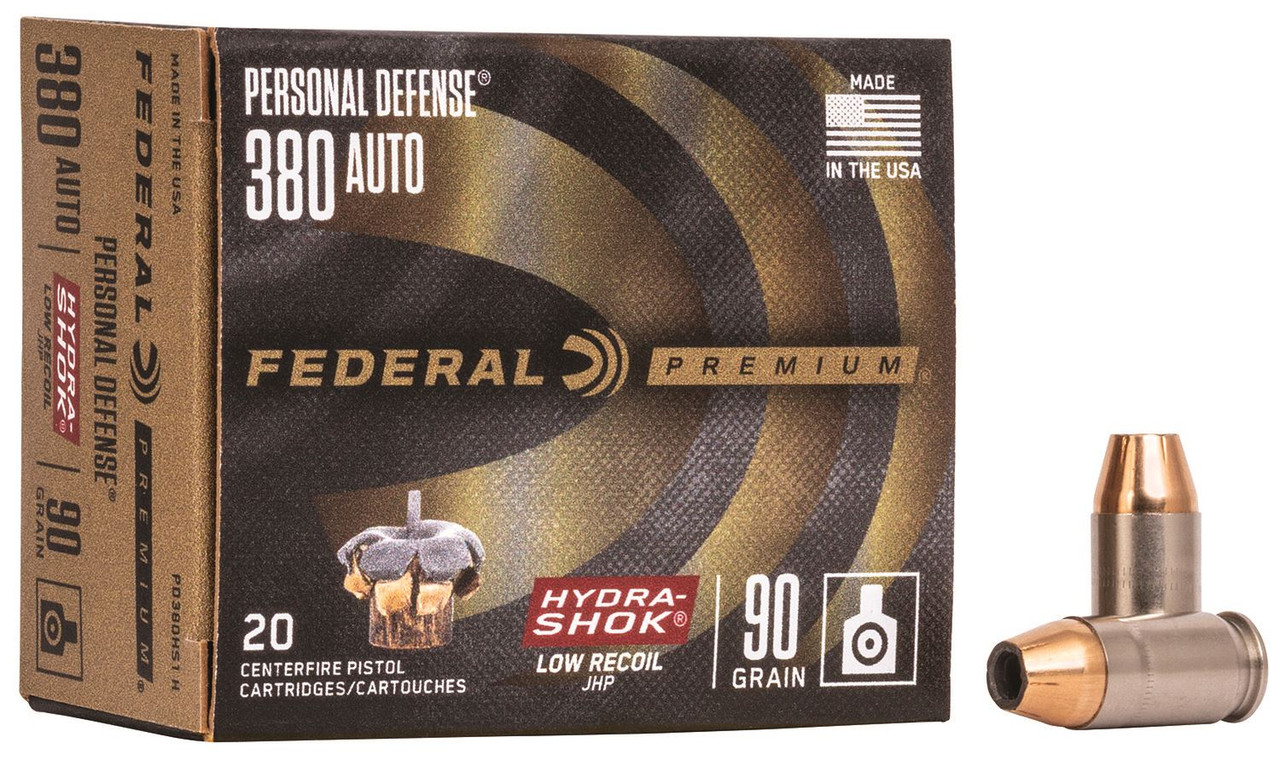 Federal PD380HS1H Premium Personal Defense Low Recoil 380ACP 90gr Hydra-Shok Jacketed Hollow Point 20 Per Box/10 Case Centerfire, Handgun Ammunition