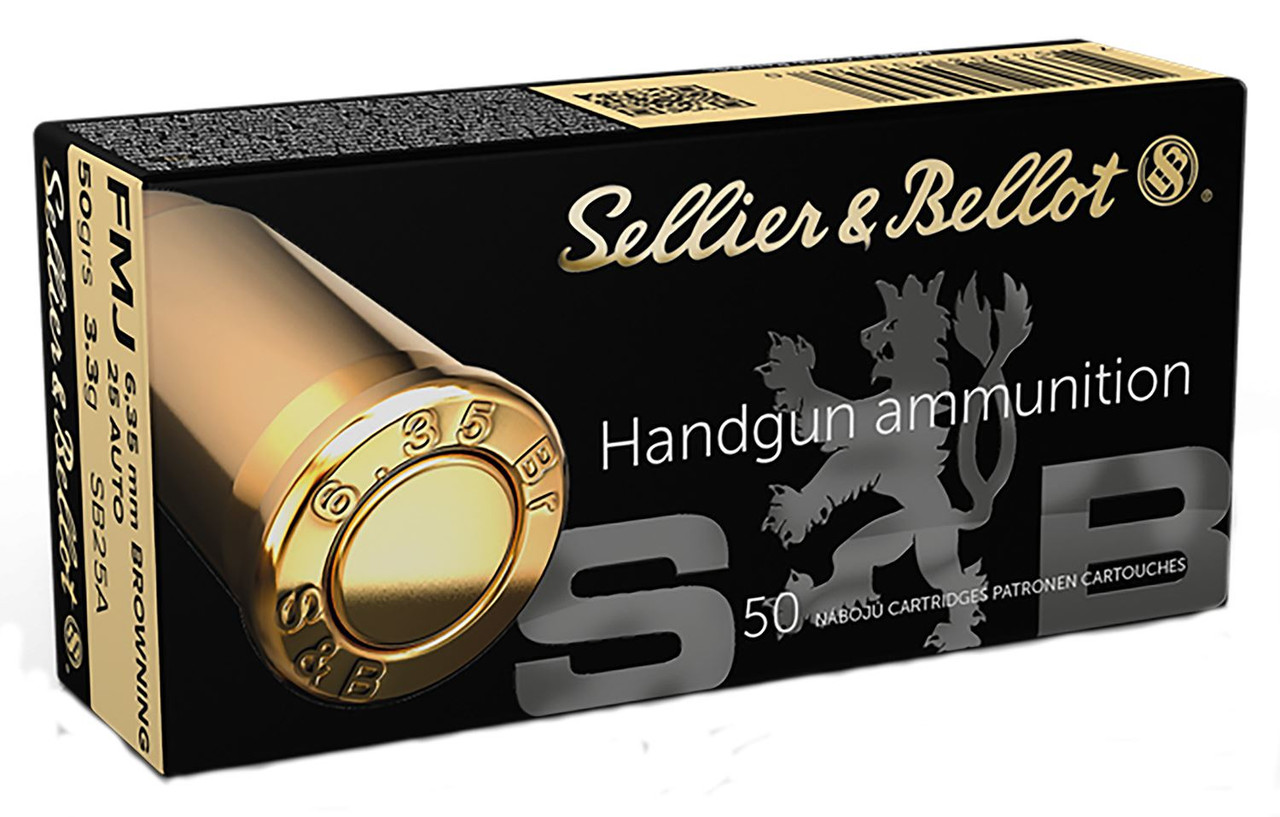 Sellier & Bellot SB25A 25ACP 50gr Full Metal Jacket 50 Per Box/40 Case Centerfire, Handgun Ammunition