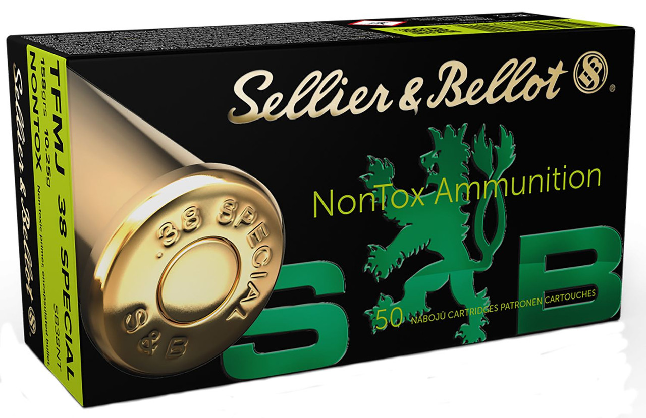 Sellier & Bellot SB38NT Non-Tox 38Special 158gr Total Full Metal Jacket 50 Per Box/20 Case Centerfire, Handgun Ammunition