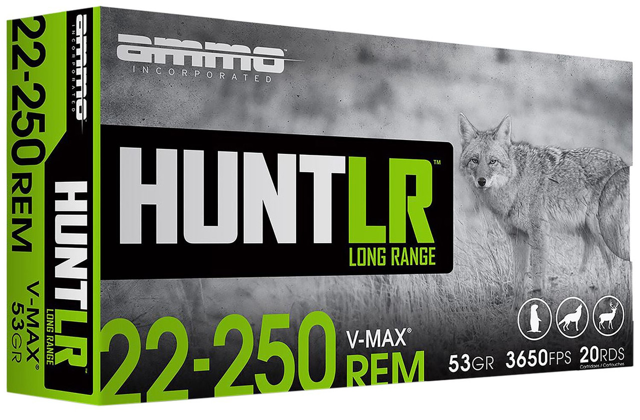 Ammo Inc 22250053VMXA20 Hunt Long Range 22-250Rem 53gr V-Max 20 Per Box/10 Case, Centerfire Rifle Ammo
