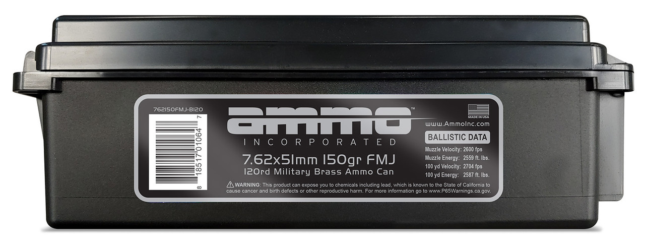 Ammo Incorporated 762150FMJB120 Rifle 7.62x51mm NATO 150 gr Full Metal Jacket (FMJ) 120 Bx/6 Cs