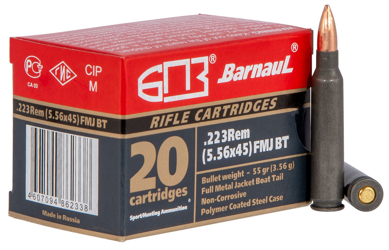 Barnaul Ammo BRN223REMFMJ55 Rifle 223 Rem 55 gr Full Metal Jacket Boat-Tail (FMJBT) 20 Bx/ 25 Cs
