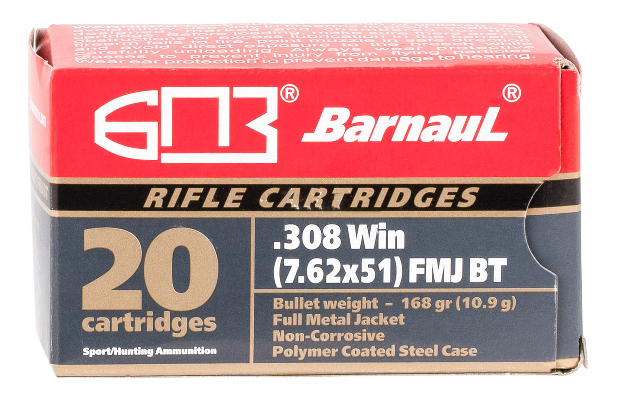 Barnaul Ammo BRN308WINFMJBT168 Rifle 308 Win 168 gr Full Metal Jacket Boat-Tail (FMJBT) 20 Bx/ 25 Cs