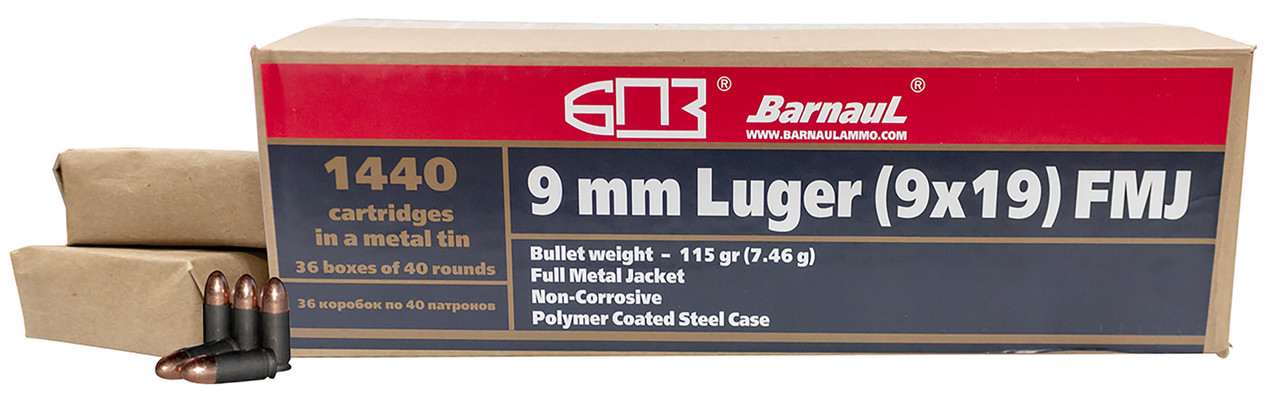 Barnaul Ammo BRN9MMLUGERFMJ115MTLCA Pistol 9mm Luger 115 gr Full Metal Jacket (FMJ) 1400 Bx/ 1 Cs