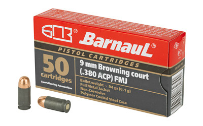 Barnaul Ammunition 380 ACP BRN380AUTOFMJ94, 94Gr, Full Metal Jacket, Steel Polycoated Case, 50 Round Box BRN380AUTOFMJ94