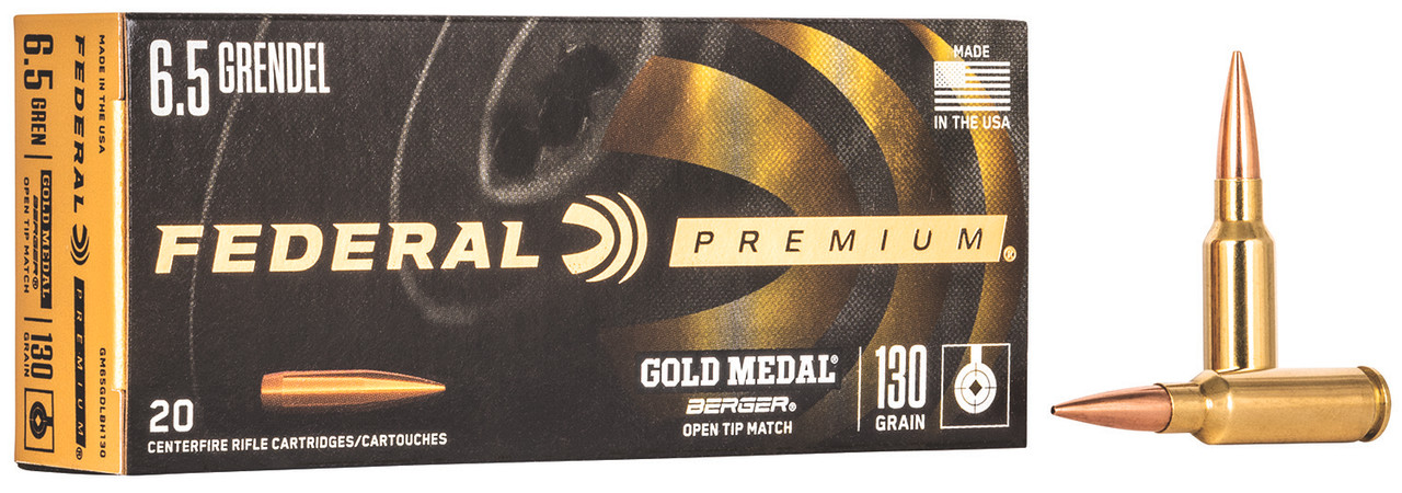 Federal Gold Medal Berger 6.5 Grendel Ammunition 20 Rounds 130 Grain Berger Hybrid Open Tip Match 2400 fps