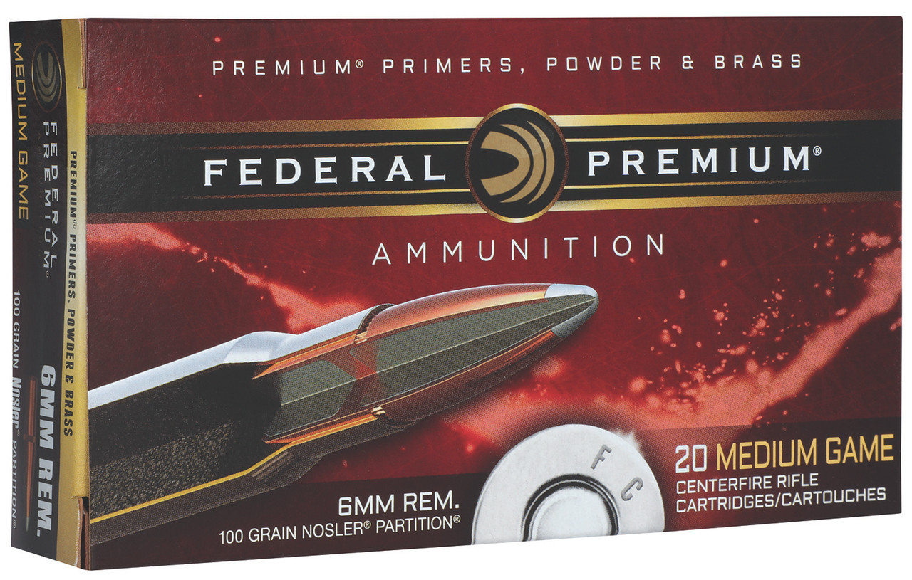 Federal Premium Vital-Shok 6mm Remington Ammunition 20 Rounds 100 Grain Nosler Partition Soft Point 3100fps
