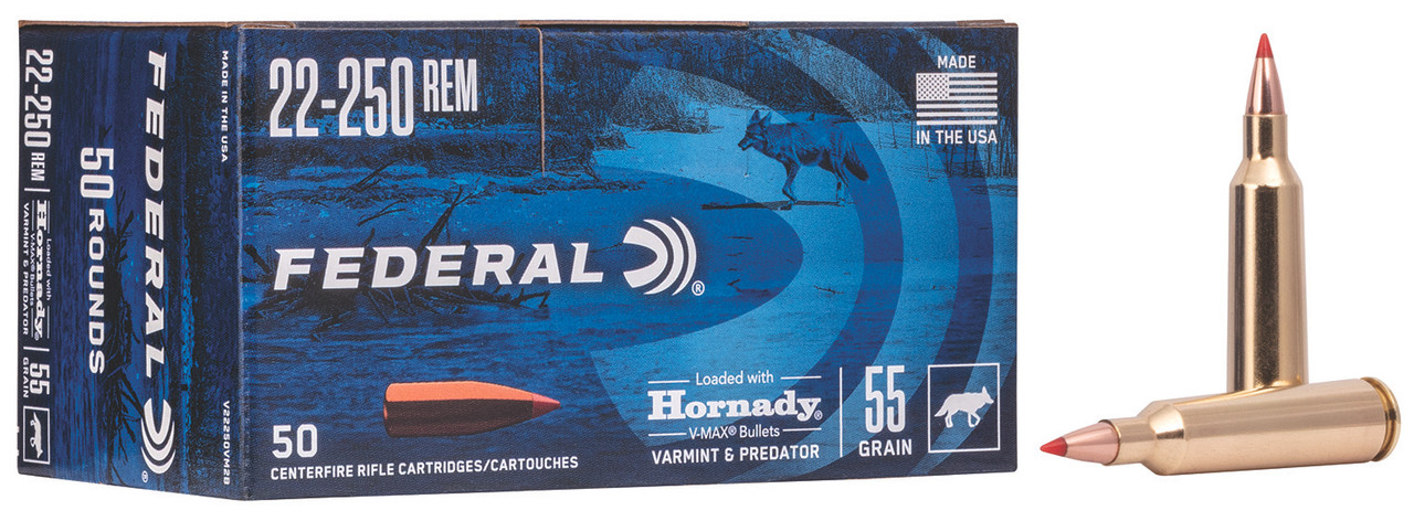 Federal V22250VM2B Varmint & Predator 22-250 Rem 55 gr Hornady V-Max (VMX) 50 Bx/ 10 Cs (Bulk)