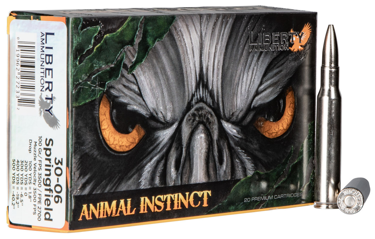 Liberty Ammunition LAHAC3006042 Animal Instinct 30-06 Springfield 100 gr Fragmenting Copper Hollow Point (FCHP) 20 Per Box/ 10 Cs