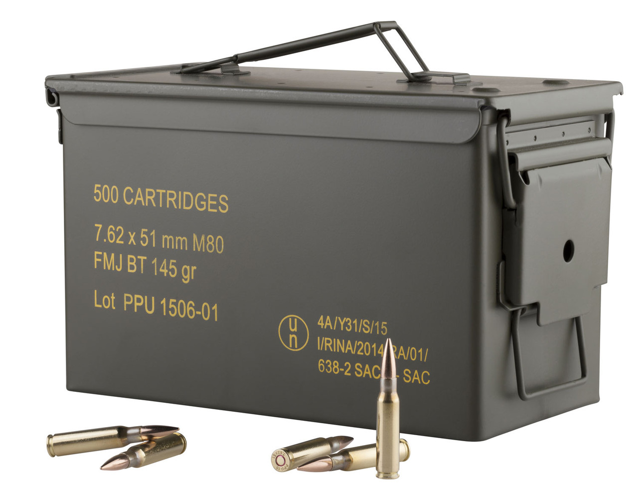 Prvi Partizan PPU Mil-Spec 7.62 NATO Ammunition 500 Rounds 145 Grain Full Metal Jacket Boat Tail M80 Projectile 2835fps Metal Ammo Can