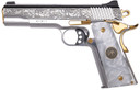 Cnc Firearms CNCPATRIA Kimber 1911 Patria 38 Super 9+1 Gold Plated PVD BBL, Polished Stainless Engraved/Serr Slide, Stainless w/Gold Accents Frame, Pearl Grip,Pistol